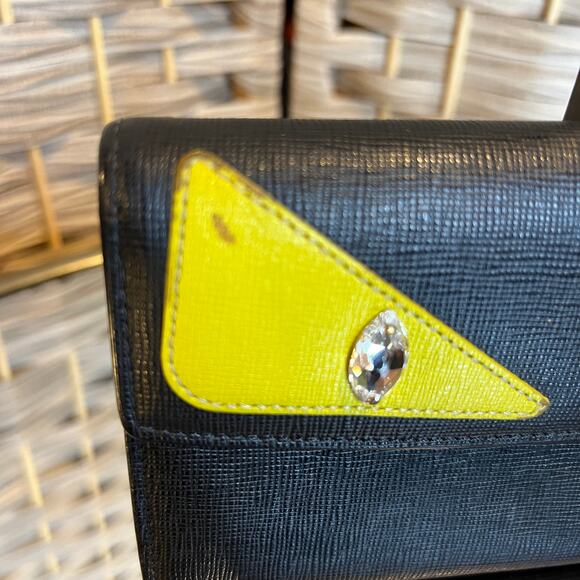 RARE Fendi Black Vitello Elite Calfskin Leather Crystal Eye Monster Long Wallet - Picture 7 of 13